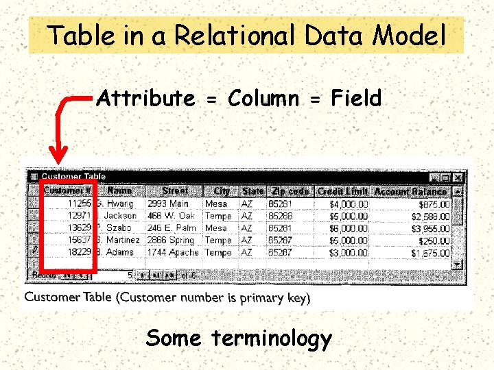 Table in a Relational Data Model Attribute = Column = Field Some terminology 