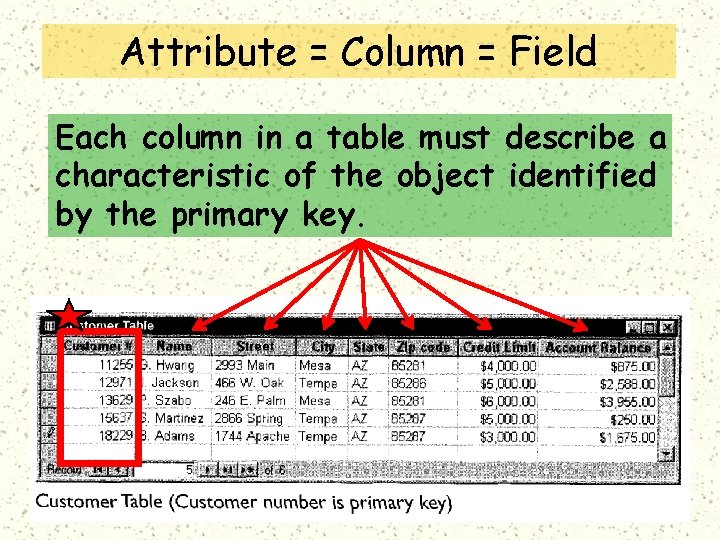Attribute = Column = Field Each column in a table must describe a characteristic