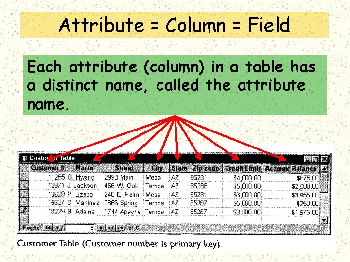 Attribute = Column = Field Each attribute (column) in a table has a distinct