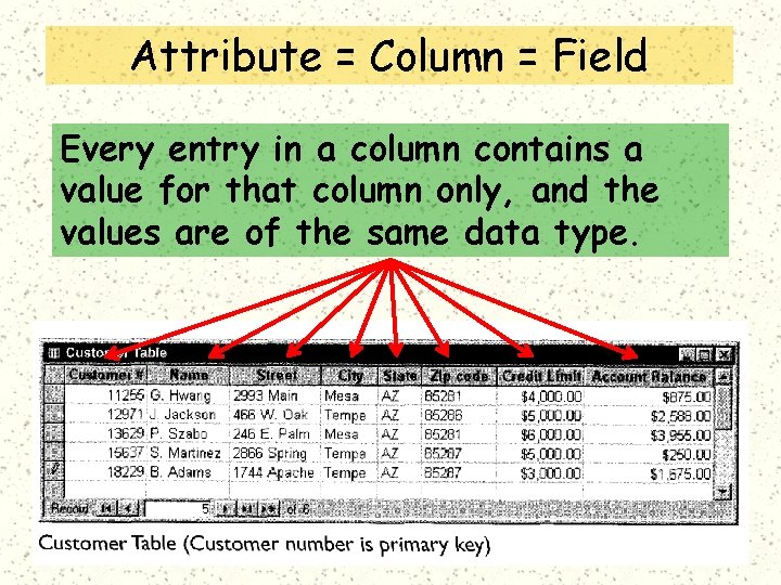 Attribute = Column = Field Every entry in a column contains a value for