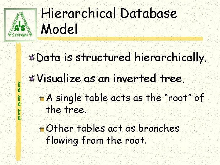 Hierarchical Database Model Data is structured hierarchically. Acct 316 Visualize as an inverted tree.