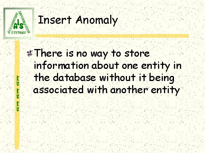 Insert Anomaly Acct 316 There is no way to store information about one entity