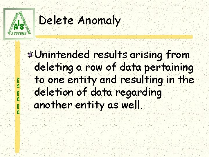 Delete Anomaly Acct 316 Unintended results arising from deleting a row of data pertaining