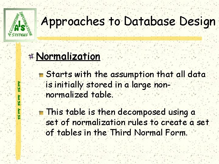 Approaches to Database Design Normalization Acct 316 Starts with the assumption that all data