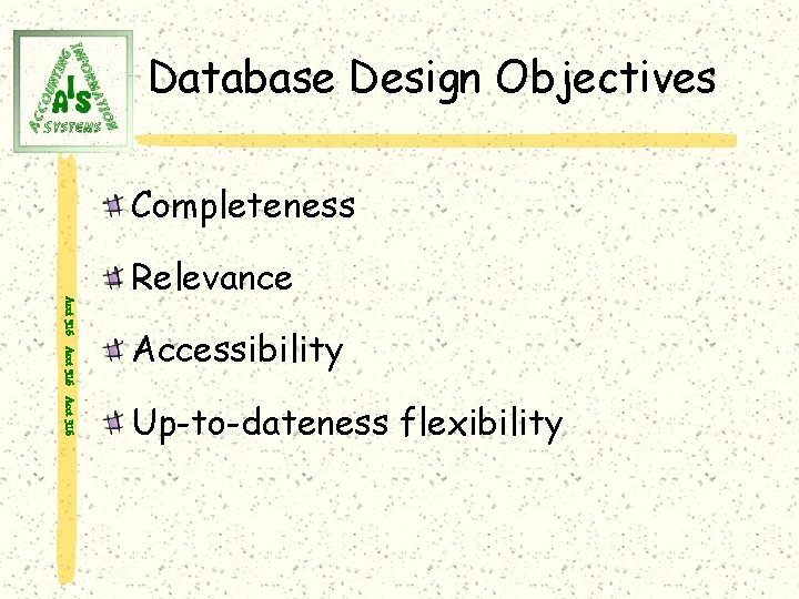 Database Design Objectives Completeness Acct 316 Relevance Accessibility Up-to-dateness flexibility 