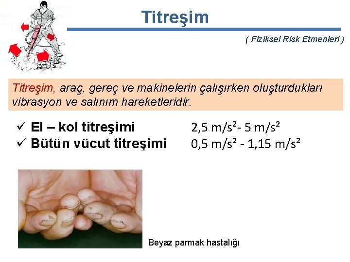 Titreşim ( Fiziksel Risk Etmenleri ) Titreşim, araç, gereç ve makinelerin çalışırken oluşturdukları vibrasyon