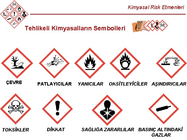 Kimyasal Risk Etmenleri Tehlikeli Kimyasalların Sembolleri ÇEVRE PATLAYICILAR TOKSİKLER DİKKAT YANICILAR OKSİTLEYİCİLER AŞINDIRICILAR SAĞLIĞA Kimyasal Risk Etmenleri Tehlikeli Kimyasalların Sembolleri ÇEVRE PATLAYICILAR TOKSİKLER DİKKAT YANICILAR OKSİTLEYİCİLER AŞINDIRICILAR SAĞLIĞA