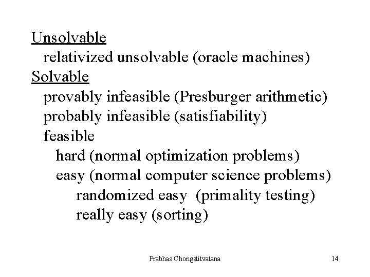 Unsolvable relativized unsolvable (oracle machines) Solvable provably infeasible (Presburger arithmetic) probably infeasible (satisfiability) feasible