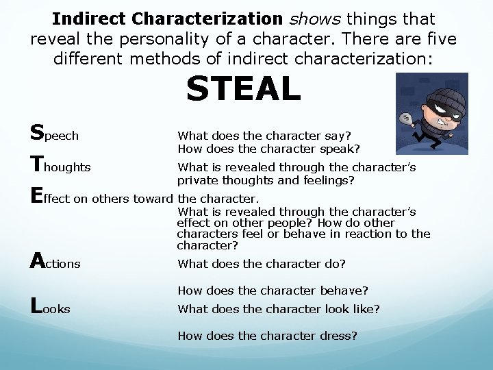 Indirect Characterization shows things that reveal the personality of a character. There are five