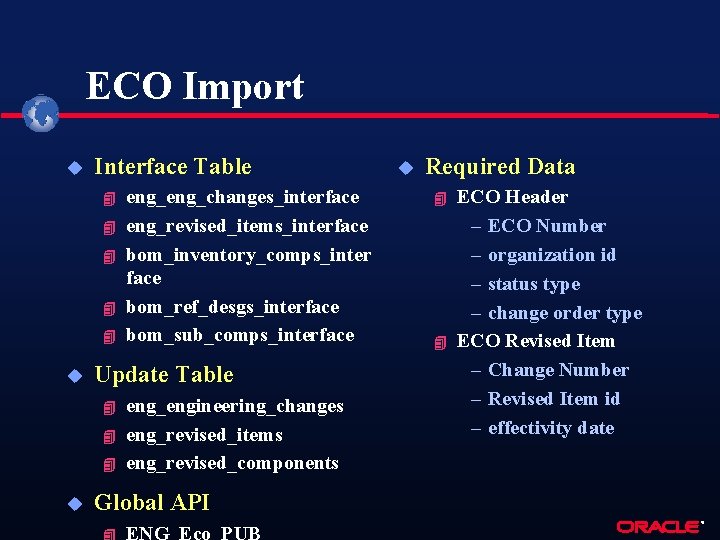 ECO Import u Interface Table 4 4 4 u Update Table 4 4 4