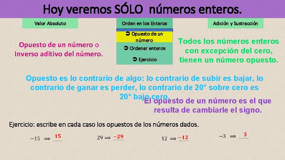 Hoy veremos SÓLO números enteros. Valor Absoluto Orden en los Enteros Adición y Sustracción