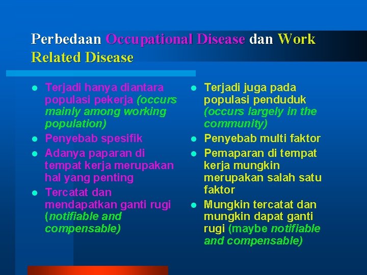 Perbedaan Occupational Disease dan Work Related Disease Terjadi hanya diantara populasi pekerja (occurs mainly