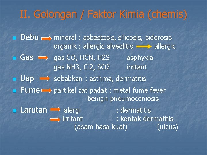 II. Golongan / Faktor Kimia (chemis) n Debu mineral : asbestosis, silicosis, siderosis organik