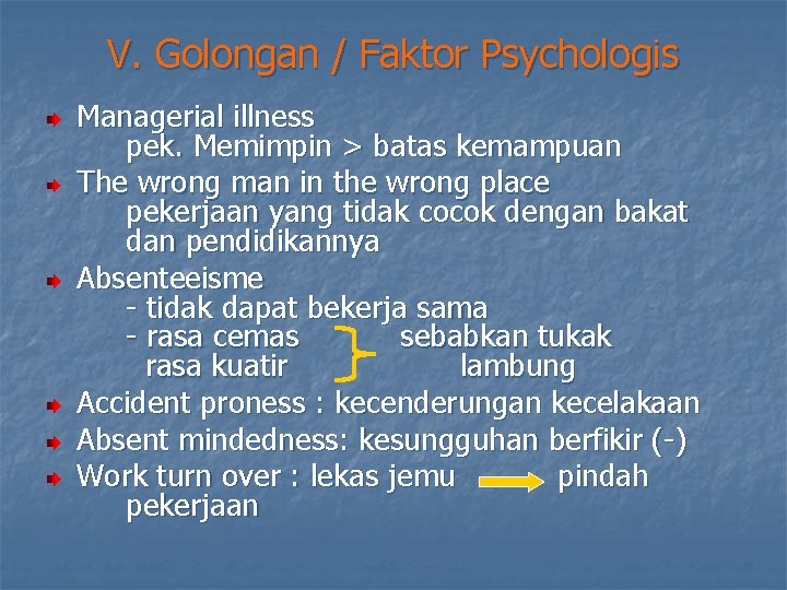 V. Golongan / Faktor Psychologis Managerial illness pek. Memimpin > batas kemampuan The wrong