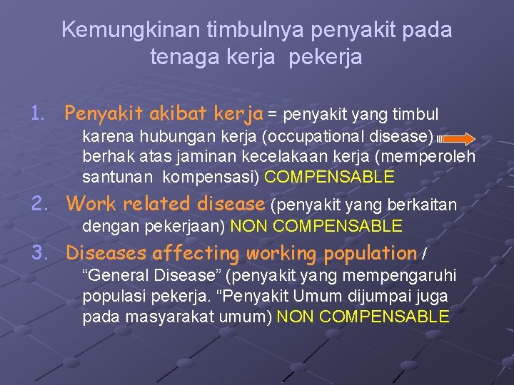 Kemungkinan timbulnya penyakit pada tenaga kerja pekerja 1. Penyakit akibat kerja = penyakit yang