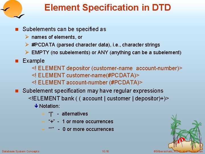 Element Specification in DTD n Subelements can be specified as Ø names of elements,