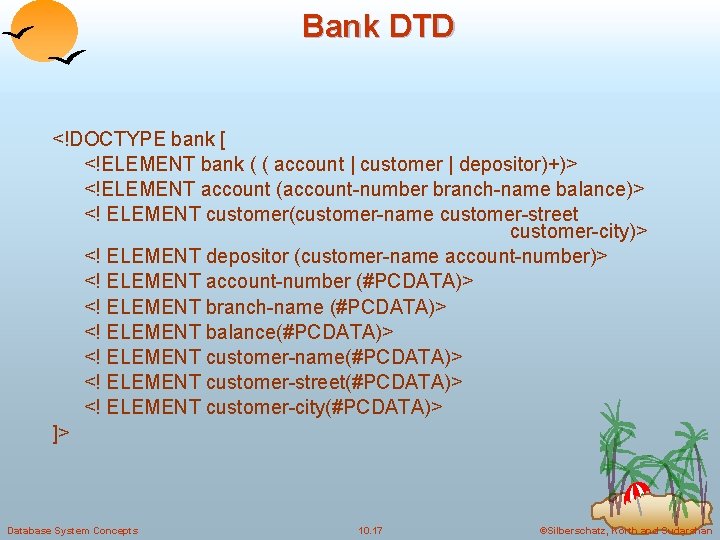 Bank DTD <!DOCTYPE bank [ <!ELEMENT bank ( ( account | customer | depositor)+)>