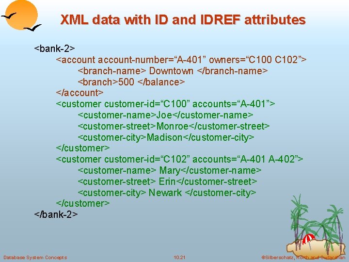 XML data with ID and IDREF attributes <bank-2> <account-number=“A-401” owners=“C 100 C 102”> <branch-name>