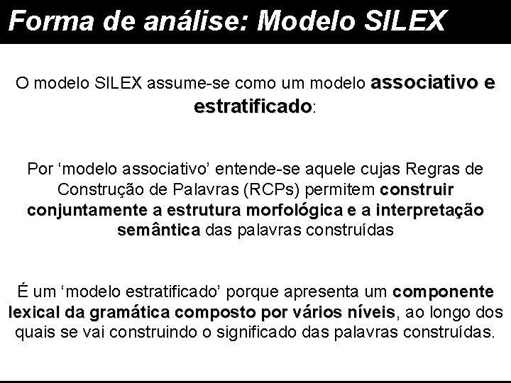 Forma de análise: Modelo SILEX O modelo SILEX assume-se como um modelo associativo e