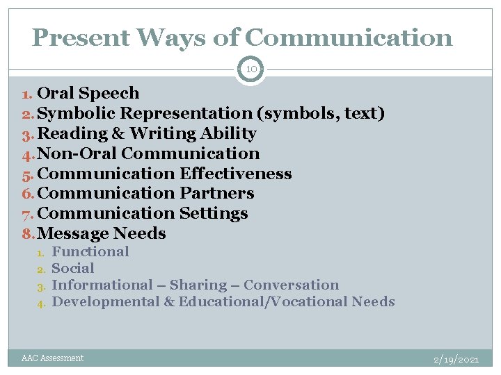 Present Ways of Communication 10 1. Oral Speech 2. Symbolic Representation (symbols, text) 3.