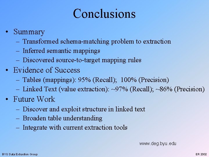 Conclusions • Summary – Transformed schema-matching problem to extraction – Inferred semantic mappings –