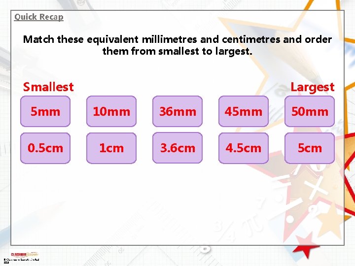 Quick Recap Match these equivalent millimetres and centimetres and order them from smallest to