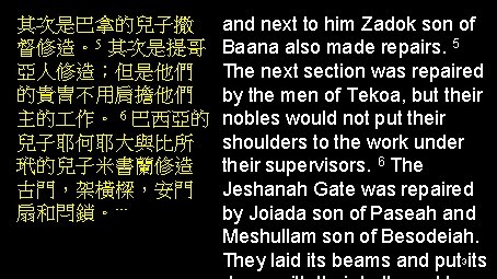 其次是巴拿的兒子撒 督修造。5 其次是提哥 亞人修造；但是他們 的貴冑不用肩擔他們 主的 作。 6 巴西亞的 兒子耶何耶大與比所 玳的兒子米書蘭修造 古門，架橫樑，安門 扇和閂鎖。… and