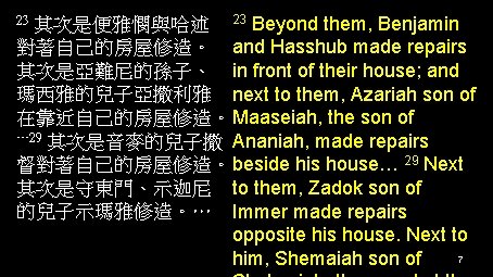 其次是便雅憫與哈述 23 Beyond them, Benjamin 對著自己的房屋修造。 and Hasshub made repairs 其次是亞難尼的孫子、 in front of