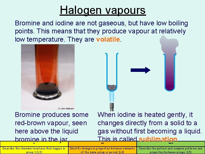 Halogen vapours Bromine and iodine are not gaseous, but have low boiling points. This