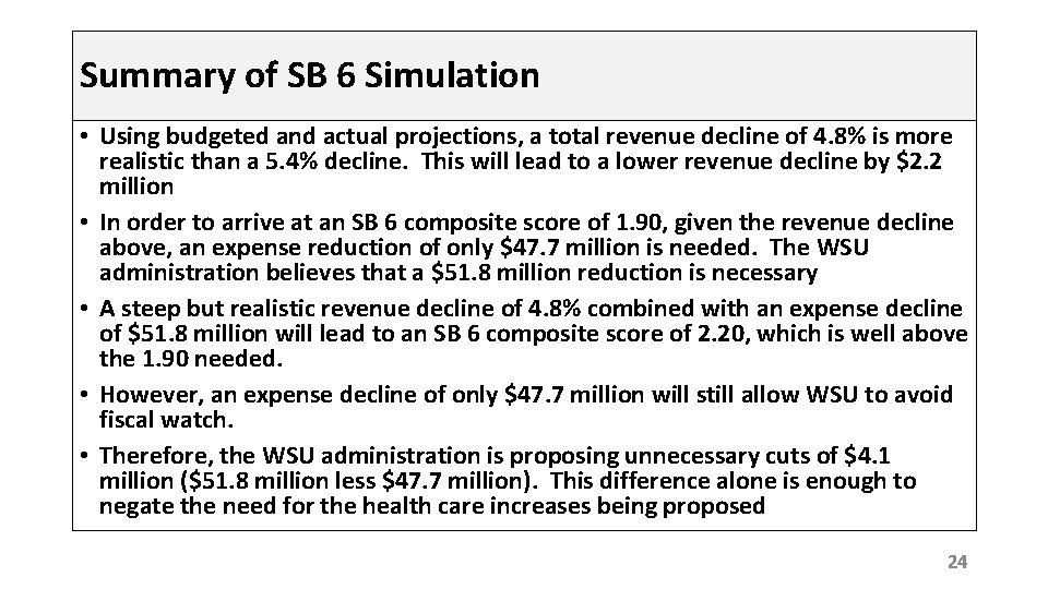 Summary of SB 6 Simulation • Using budgeted and actual projections, a total revenue