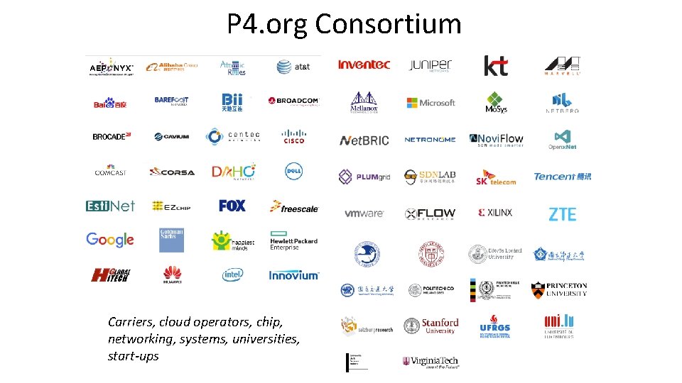  P 4. org Consortium Carriers, cloud operators, chip, networking, systems, universities, start-ups 