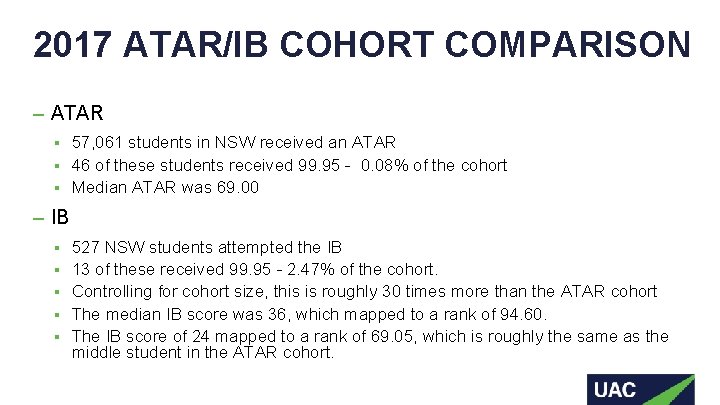 2017 ATAR/IB COHORT COMPARISON – ATAR 57, 061 students in NSW received an ATAR
