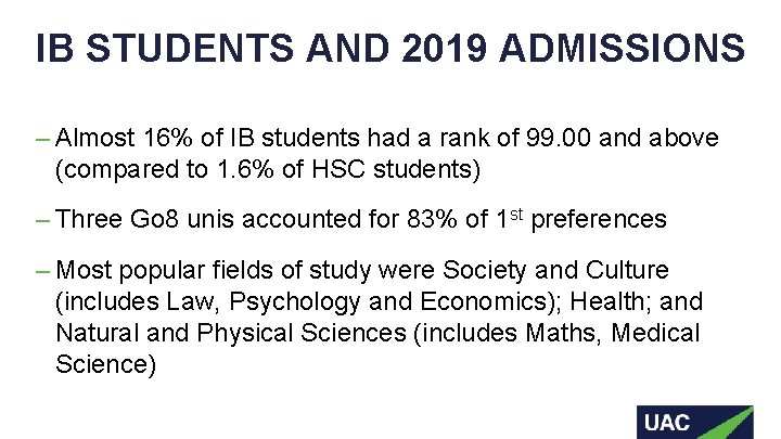 IB STUDENTS AND 2019 ADMISSIONS – Almost 16% of IB students had a rank