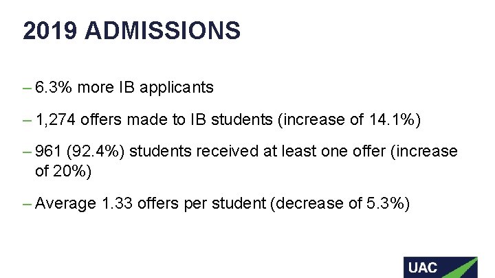 2019 ADMISSIONS – 6. 3% more IB applicants – 1, 274 offers made to