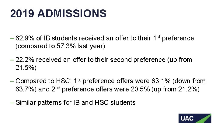 2019 ADMISSIONS – 62. 9% of IB students received an offer to their 1