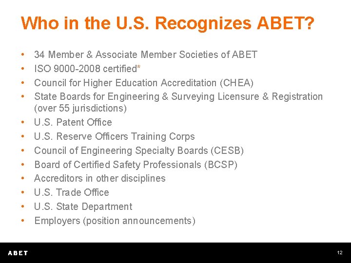 Who in the U. S. Recognizes ABET? • • • 34 Member & Associate