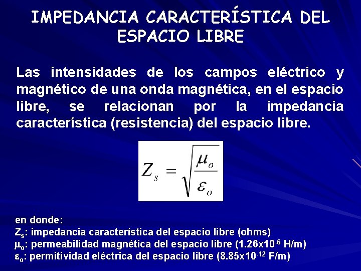 IMPEDANCIA CARACTERÍSTICA DEL ESPACIO LIBRE Las intensidades de los campos eléctrico y magnético de