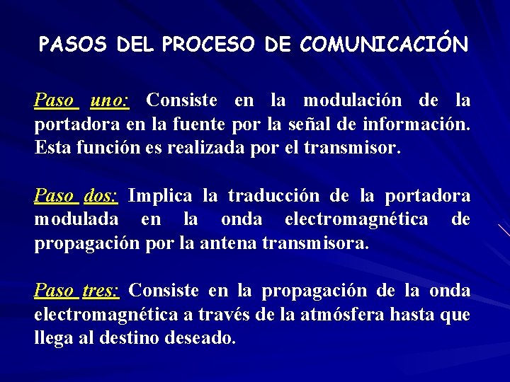 PASOS DEL PROCESO DE COMUNICACIÓN Paso uno: Consiste en la modulación de la portadora