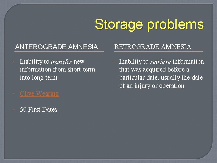 Storage problems ANTEROGRADE AMNESIA Inability to transfer new information from short-term into long term
