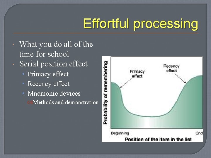 Effortful processing What you do all of the time for school Serial position effect