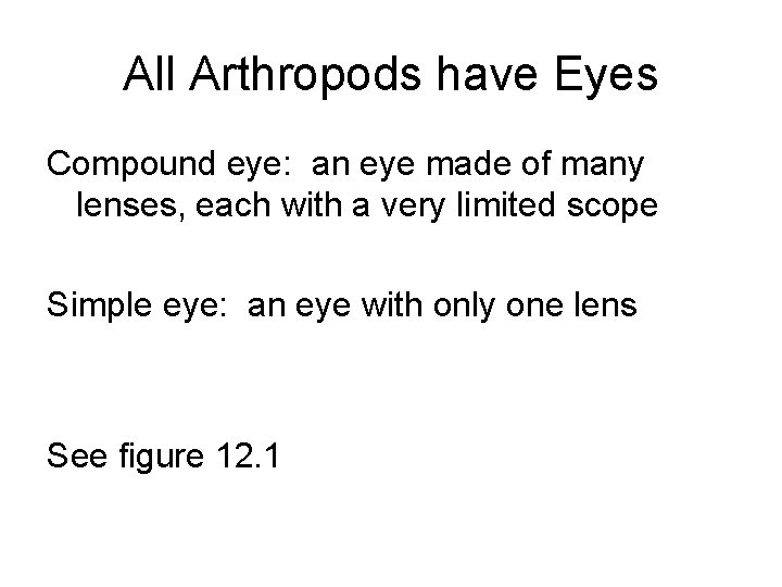 All Arthropods have Eyes Compound eye: an eye made of many lenses, each with