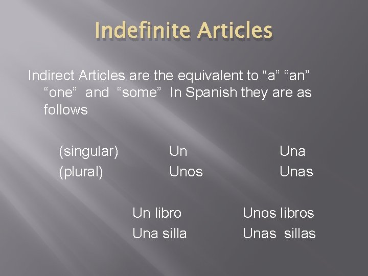 Indefinite Articles Indirect Articles are the equivalent to “a” “an” “one” and “some” In