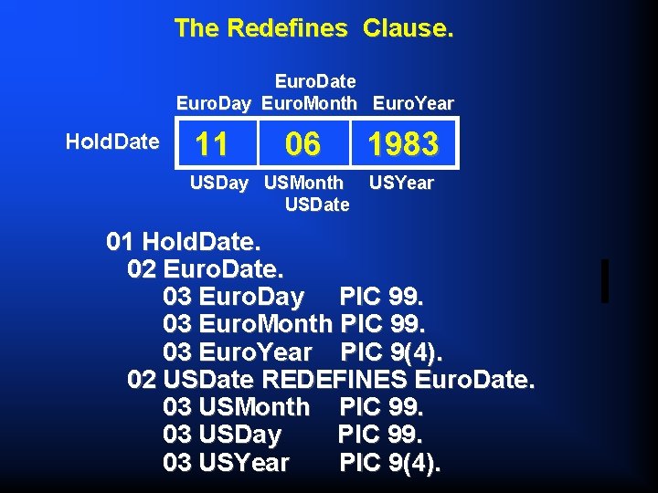 The Redefines Clause. Euro. Date Euro. Day Euro. Month Euro. Year Hold. Date 11