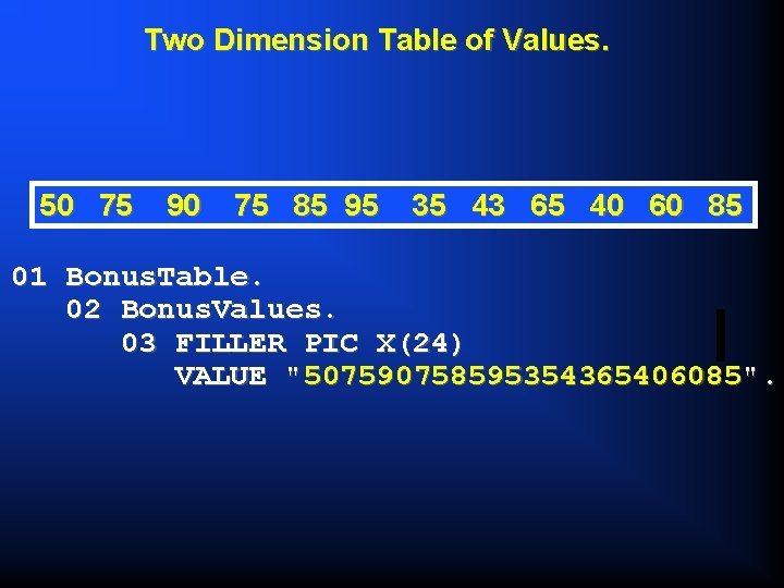 Two Dimension Table of Values. 50 75 90 75 85 95 35 43 65