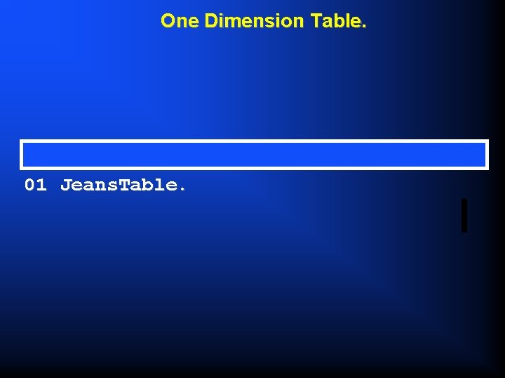 One Dimension Table. 01 Jeans. Table. 