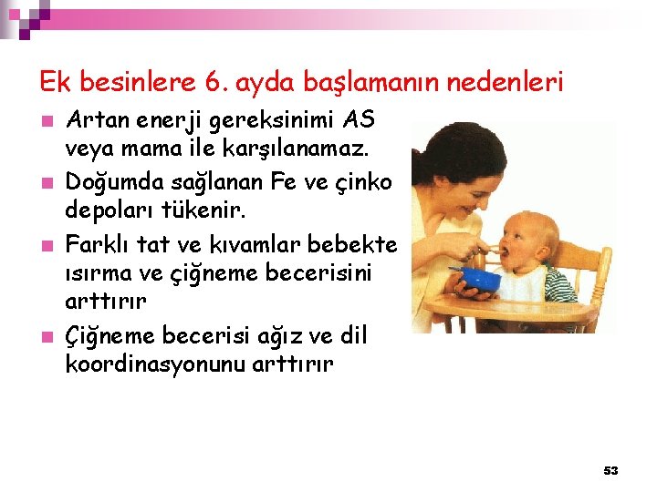 Ek besinlere 6. ayda başlamanın nedenleri n n Artan enerji gereksinimi AS veya mama