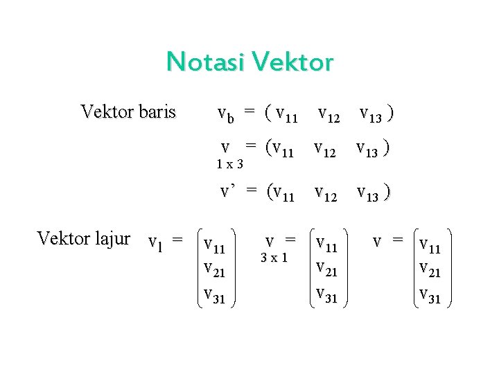 Notasi Vektor baris vb = ( v 11 v 12 v 13 ) v