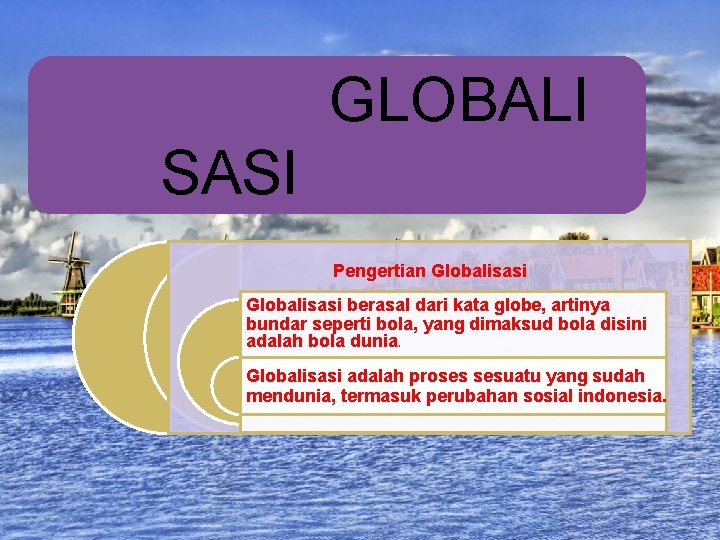 GLOBALI SASI Pengertian Globalisasi berasal dari kata globe, artinya bundar seperti bola, yang dimaksud