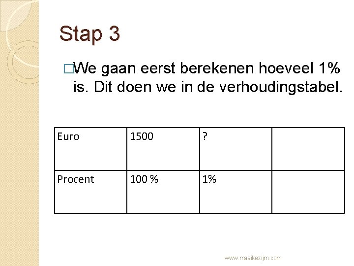 Stap 3 �We gaan eerst berekenen hoeveel 1% is. Dit doen we in de