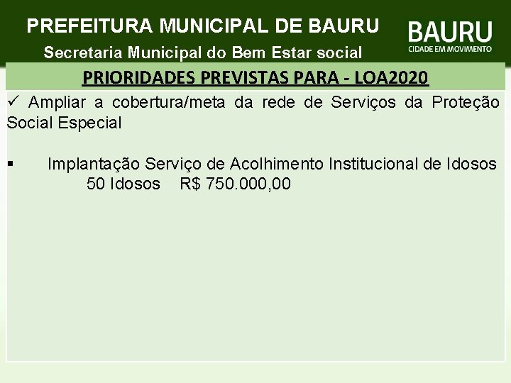 PREFEITURA MUNICIPAL DE BAURU Secretaria Municipal do Bem Estar social PRIORIDADES PREVISTAS PARA -